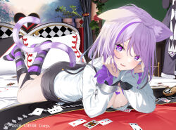 Rule 34 | 1girl, ace (playing card), ace of clubs, ahoge, animal ear fluff, animal ears, breasts, card, cat ears, cat girl, cat tail, cleavage, club (shape), commentary request, diamond (shape), downblouse, elbow rest, feet up, heart, heart on chest, hololive, indoors, kamioka shun&#039;ya, long sleeves, looking at viewer, lying, medium breasts, medium hair, nekomata okayu, nekomata okayu (wonderland), official alternate costume, official art, on bed, on stomach, open mouth, playing card, purple eyes, purple hair, shorts, smile, solo, suspender shorts, suspenders, tail, virtual youtuber