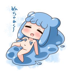 Rule 34 | 1girl, :d, = =, blue hair, blush, chibi, closed eyes, collarbone, commentary request, convenient censoring, double bun, facing viewer, full body, groin, hair bun, half slime-chan, hana kazari, long hair, lying, monster girl, navel, nude, on back, open mouth, original, side bun, sidelocks, slime girl, smile, snowflake background, solo, translation request, very long hair, white background