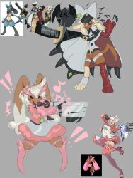 Rule 34 | 2girls, animalization, belt bra, bob cut, boots, bracelet, cape, collar, creatures (company), elphelt valentine, game freak, gen 4 pokemon, gen 5 pokemon, guilty gear, guilty gear strive, hairband, highres, jacket, jewelry, kotonezz, lucario, microphone, multiple girls, nintendo, pink jacket, pokemon, pokemon (creature), ramlethal valentine, red bandage, shorts, spiked bracelet, spiked collar, spiked hairband, spiked jacket, spiked thighlet, spikes, thigh boots, white shorts, woobat