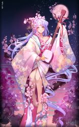 Rule 34 | 1girl, :o, absurdly long hair, absurdres, artist name, barefoot, black eyes, blush, cherry blossoms, collarbone, commentary, dated, english commentary, facial mark, flower, forehead mark, hair flower, hair ornament, highres, holding, holding instrument, instrument, japanese clothes, kimono, long hair, moon, naninna, night, night sky, obi, off shoulder, original, parted bangs, pink flower, purple hair, purple kimono, sash, shamisen, sky, solo, tree, very long hair