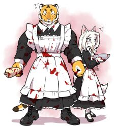 Rule 34 | 1boy, 1girl, animal ear fluff, animal ears, apron, bara, black dress, black footwear, blood, blood on arm, blood on clothes, blood on face, blood on hands, blood splatter, blue eyes, body fur, boots, bowl, brown fur, claws, closed eyes, collared dress, cross-laced footwear, crossdressing, dress, facing viewer, flying sweatdrops, frilled apron, frills, full body, furry, furry female, furry male, furrylorddawoon, hands up, highres, holding, holding bowl, holding rolling pin, long hair, long sleeves, looking to the side, maid, mary janes, open mouth, orange fur, original, red background, rolling pin, shoes, simple background, standing, tail, thick eyebrows, tiger boy, tiger ears, tiger tail, whiskers, white apron, white fur, white hair, wolf ears, wolf girl, wolf tail