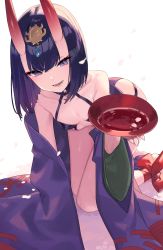 Rule 34 | 1girl, all fours, bare shoulders, blush, bob cut, breasts, chorefuji, collarbone, cup, eyeliner, fang, fate/grand order, fate (series), headpiece, horns, japanese clothes, kimono, long sleeves, looking at viewer, makeup, off shoulder, oni, open mouth, purple eyes, purple hair, purple kimono, revealing clothes, sakazuki, short hair, short kimono, shuten douji (fate), skin-covered horns, small breasts, smile, white background, wide sleeves