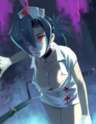 Rule 34 | 1girl, absurdres, against wall, artist request, blood, blue hair, breasts, brick wall, choker, cleavage, collarbone, cowboy shot, eyepatch, gloves, glowing, glowing eyes, hat, highres, industrial pipe, latex, latex gloves, leaning on object, nurse cap, outdoors, ponytail, skullgirls, solo, source request, sweat, symbol-shaped pupils, valentine (skullgirls)