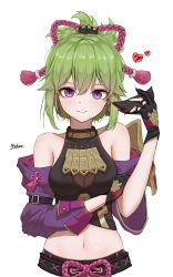 Rule 34 | 1girl, absurdres, armor, artist name, bare shoulders, black gloves, black nails, blush, breasts, cleavage, closed mouth, crop top, cropped jacket, cropped torso, fishnet top, fishnets, genshin impact, gloves, green hair, hair between eyes, hair ornament, hand up, heart, highres, holding, holding mask, jacket, kuki shinobu, looking at viewer, mask, unworn mask, medium breasts, midriff, mouth mask, nail polish, navel, ninja mask, nokoo, off shoulder, partially fingerless gloves, purple eyes, purple jacket, rope, shimenawa, shirt, short ponytail, shoulder armor, sidelocks, simple background, sleeveless, sleeveless shirt, smile, solo, stomach, upper body, white background