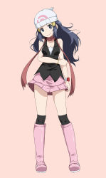 Rule 34 | 1girl, bare arms, bare shoulders, beanie, black eyes, black hair, black shirt, black thighhighs, boots, bracelet, breasts, closed mouth, creatures (company), dawn (pokemon), full body, game freak, hand on own arm, hat, head tilt, highres, jewelry, knee boots, long hair, miniskirt, nintendo, over-kneehighs, pink background, pink footwear, pink skirt, pokemon, pokemon dppt, rubber boots, shirt, sidelocks, simple background, skirt, sleeveless, sleeveless shirt, small breasts, smile, solo, standing, thighhighs, tsukishiro saika, white hat