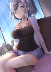 Rule 34 | 10s, 1girl, alternate costume, arm support, artist request, blue eyes, blush, breasts, cleavage, commentary request, eyes visible through hair, hair over one eye, hamakaze (kancolle), highres, ichinose kizuki, indoors, kantai collection, large breasts, see-through, short hair, shorts, silver hair, sitting, solo, thighs