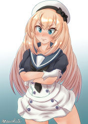 Rule 34 | 1girl, blonde hair, blue eyes, blue sailor collar, breasts, cosplay, dress, gloves, hat, highres, jervis (kancolle), jervis (kancolle) (cosplay), kantai collection, long hair, medium breasts, nawohata, sailor collar, sailor dress, sailor hat, short sleeves, solo, victorious (kancolle), white dress, white gloves, white hat