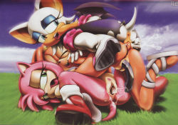 Rule 34 | 3girls, amy rose, artist request, furry, highres, multiple girls, nude, orgasm, rouge the bat, sega, sonic (series), tail, tikal the echidna, yuri