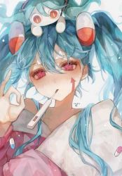 Rule 34 | 1girl, aqua hair, arrow print, bad id, bad twitter id, blue hair, blush, commentary, dated, full-face blush, hair between eyes, hatsune miku, high fever (module), highres, long hair, long sleeves, looking at viewer, ofgwr, ok sign, on head, pajamas, pill, pill hair ornament, pink pajamas, project diva (series), red eyes, ringed eyes, signature, simple background, single bare shoulder, slit pupils, slow motion (vocaloid), solo, thermometer, twintails, two-tone pajamas, upper body, vocaloid, white background, white pajamas