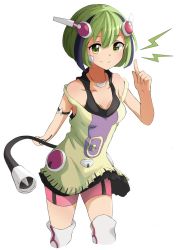 Rule 34 | 1girl, android, bike shorts, cable, cable tail, cowboy shot, dimension w, dress, green eyes, green hair, headgear, highres, index finger raised, jewelry, lightning bolt symbol, looking at viewer, mechanical tail, multicolored hair, necklace, off shoulder, pekeponn, short hair, shorts under dress, smile, solo, streaked hair, tail, two-tone hair, white background, yurizaki mira