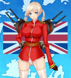Rule 34 | 10s, 1girl, bad id, bad pixiv id, blonde hair, blue eyes, breasts, brown gloves, gloves, highres, hms dreadnought, honeycomb (pattern), honeycomb background, honeycomb pattern, kamimiya, kantai collection, large breasts, long sleeves, looking at viewer, mecha musume, military, military uniform, no pants, original, panties, pantyshot, personification, simple background, solo, standing, thighhighs, turret, underwear, uniform, union jack, white background, white panties, white thighhighs