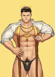 Rule 34 | 1boy, abs, absurdres, baimeme, bara, beard, biceps, black hair, black male underwear, capelet, check copyright, clenched hand, copyright request, cross, facial hair, fire, flaming halo, halo, highres, jewelry, jockstrap, large pectorals, looking at viewer, male focus, male underwear, manly, mature male, muscular, muscular male, navel, navel hair, necklace, nipples, no pants, original, pants, pectorals, pubic hair, serious, solo, sparkle, spiked hair, teeth, thick arms, thick thighs, thighs, tokyo houkago summoners, underwear, veins, veiny arms, zabaniyya (housamo)