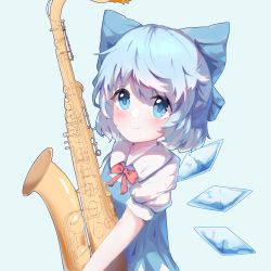 Rule 34 | 1girl, absurdres, blue background, blue bow, blue dress, blue eyes, blue hair, blush, bow, bowtie, cirno, closed mouth, collared shirt, detached wings, dress, hair between eyes, hair bow, highres, holding, holding instrument, ice, ice wings, instrument, looking at viewer, puffy short sleeves, puffy sleeves, red bow, red bowtie, saxophone, shirt, short hair, short sleeves, simple background, smile, solo, tian yang, touhou, upper body, white shirt, wings