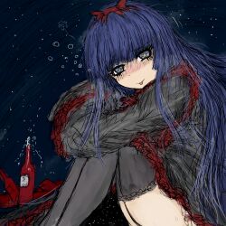 Rule 34 | 1girl, :p, alcohol, black dress, black souls, black souls ii, black thighhighs, blue eyes, blue hair, blunt bangs, blush, bottle, bow, bubble, dress, drunk, frilled dress, frills, gothic lolita, hair bow, hair ribbon, hairband, hime cut, hugging own legs, jaggy lines, knees up, lace, lace-trimmed legwear, lace trim, lolita fashion, long hair, long sleeves, looking at viewer, mabel (black souls), night, night sky, official art, purple hair, red frills, ribbon, sitting, sketch, sky, smile, solo, star-shaped pupils, star (sky), star (symbol), starry sky, sushi yuusha toro, symbol-shaped pupils, thighhighs, tongue, tongue out, very long hair, wine bottle, yellow pupils, yog-sothoth