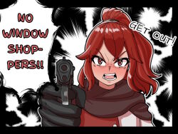 Rule 34 | 1girl, aiming, aiming at viewer, angry, anna (fire emblem), anna (fire emblem engage), black border, black gloves, black scarf, border, commentary, fire emblem, fire emblem engage, foreshortening, gloves, gun, handgun, holding, holding gun, holding weapon, looking at viewer, medium hair, mnejing30, nintendo, open mouth, ponytail, red eyes, red hair, scarf, solo, upper body, weapon