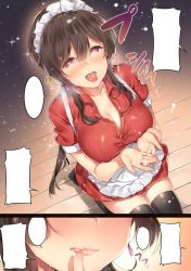 Rule 34 | 1girl, apron, bad id, bad twitter id, black thighhighs, blush, breasts, brown hair, buttons, cleavage, collarbone, collared shirt, comic, cupping hands, dress shirt, earrings, from above, hair between eyes, heart, heart-shaped pupils, jewelry, large breasts, licking lips, long hair, looking at viewer, looking up, low ponytail, maid, maid apron, maid headdress, open hand, original, own hands together, pink eyes, red skirt, sample watermark, seiza, shirt, short sleeves, sitting, skirt, smile, solo, sparkle, speech bubble, symbol-shaped pupils, thighhighs, tongue, tongue out, watermark, white apron, wing collar, wooden floor, yuran, zettai ryouiki