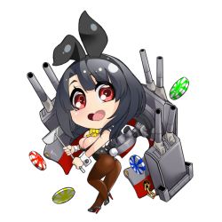 Rule 34 | 1girl, alternate costume, animal ears, ass, black hair, black leotard, bow, bowtie, breasts, brown pantyhose, cannon, chibi, cleavage, commentary request, detached collar, heart-shaped mouth, kantai collection, large breasts, leotard, machinery, no nose, pantyhose, playboy bunny, poker chip, rabbit ears, rabbit tail, rake, red eyes, short hair, simple background, solo, strapless, strapless leotard, tail, takao (kancolle), turret, udukikosuke, white background, wrist cuffs, yellow bow, yellow bowtie