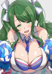 Rule 34 | 163 (shiromeshi), 1girl, :d, bare shoulders, between breasts, blue necktie, blush, breasts, cheerleader, cleavage, collarbone, commentary request, crop top, d4dj, detached collar, green eyes, green hair, grey background, hair ribbon, hands up, head tilt, highres, holding, holding pom poms, large breasts, leaning forward, long hair, looking at viewer, midriff, navel, necktie, necktie between breasts, open mouth, pom pom (cheerleading), pom poms, ribbon, shimizu esora, shirt, sidelocks, simple background, skirt, sleeveless, sleeveless shirt, smile, solo, standing, striped ribbon, swept bangs, teeth, twintails, upper body, upper teeth only, white ribbon, white shirt, white skirt