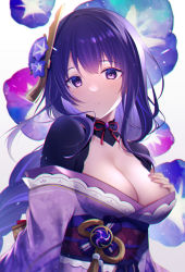 Rule 34 | 1girl, blue flower, braid, breasts, cleavage, commentary request, floral background, flower, genshin impact, gradient background, grey background, gyozanuko, hand up, highres, japanese clothes, kimono, long hair, looking at viewer, medium breasts, nail polish, obi, off shoulder, parted lips, purple eyes, purple flower, purple hair, purple kimono, purple nails, raiden shogun, sash, single braid, solo, upper body, very long hair, white background
