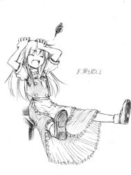 Rule 34 | 1girl, annoyed, aozora market, apron, buttons, closed eyes, dress, female focus, greyscale, kirisame marisa, long hair, lowres, monochrome, simple background, sitting, solo, touhou
