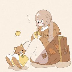 Rule 34 | 1girl, blush, brown hair, brown hoodie, cup, drawstring, haru57928031, highres, holding, holding cup, hood, hood down, hoodie, knees up, long hair, no nose, orange theme, original, parted lips, shadow, shirt, shoes, simple background, solo, twintails, white shirt, yellow background, yellow footwear