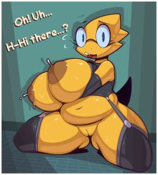 Rule 34 | 1girl, alphys, belly, blue eyes, blush, breast hold, breasts, cleft of venus, dark areolae, dark nipples, elbow gloves, eyelashes, floor, functionally nude, furry, garter straps, glasses, gloves, highres, huge breasts, indoors, inverted nipples, kneeling, lactation, latex, latex gloves, lingerie, looking at viewer, navel, nipples, open mouth, plump, pussy, r-mk, sweat, thick thighs, thighs, uncensored, undertale, underwear