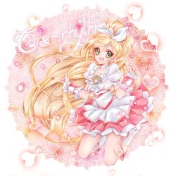 Rule 34 | 10s, 1girl, blonde hair, boots, bow, brooch, character name, choker, copyright name, cure rhythm, evelyn (shinshu k), frills, full body, green eyes, hair bow, heart, jewelry, jumping, knee boots, long hair, magical girl, minamino kanade, musical note, pink background, precure, puffy sleeves, quaver, skirt, smile, solo, suite precure, white choker, wrist cuffs