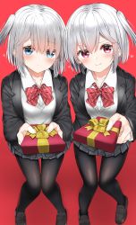 Rule 34 | &gt;:), 2girls, absurdres, black footwear, black jacket, black legwear, black skirt, blazer, blue eyes, blush, bow, box, closed mouth, collared shirt, diagonal stripes, dress shirt, gift, gift box, hair between eyes, heart, highres, holding, holding gift, jacket, loafers, long sleeves, looking at viewer, multiple girls, neku (neku draw), one side up, open clothes, open jacket, original, pantyhose, pleated skirt, red background, red bow, red eyes, shirt, shoes, silver hair, simple background, skirt, smile, striped, striped bow, sweater vest, v-shaped eyebrows, white shirt