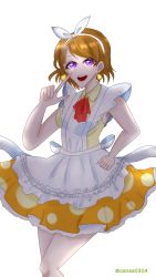 Rule 34 | 1girl, apron, artist name, artist request, back bow, bare legs, blush, bow, breasts, brown hair, collared dress, dress, earrings, female focus, frilled apron, frilled shirt collar, frills, hair between eyes, hairband, hand on own hip, highres, jewelry, koizumi hanayo, korekara no someday, looking at viewer, love live!, love live! school idol festival, love live! school idol project, miniskirt, neckerchief, parted lips, plaid, plaid dress, plaid skirt, pleated, pleated dress, pleated skirt, polka dot, polka dot skirt, purple eyes, red neckerchief, short hair, skirt, sleeveless, sleeveless dress, small breasts, smile, solo, white apron, white background, white bow, white hairband, yellow dress, yellow skirt