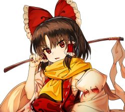 Rule 34 | 1girl, ascot, bow, brown hair, commentary request, detached sleeves, gohei, hair bow, hair tubes, hakurei reimu, japanese clothes, looking at viewer, manarou, medium hair, miko, red bow, red eyes, ribbon-trimmed sleeves, ribbon trim, sarashi, scarf, solo, touhou, upper body, white background, wide sleeves