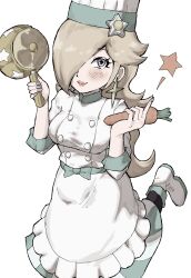 Rule 34 | 1girl, apron, blonde hair, blush, breasts, buttons, carrot, chef hat, food, hair over one eye, hat, highres, holding, holding food, holding pan, long hair, mario (series), mario kart, mario kart tour, medium breasts, mixed-language commentary, nintendo, rosalina, rosalina (chef), simple background, smile, solo, star (symbol), toggy keiichi, white apron, white background