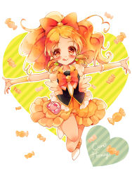 Rule 34 | 10s, 1girl, :q, blonde hair, bow, bowtie, brooch, candy, character name, cure honey, earrings, food, frills, full body, hair bow, happinesscharge precure!, heart, heart brooch, jewelry, magical girl, oomori yuuko, outstretched arms, ponytail, precure, short hair, skirt, smile, solo, spread arms, tongue, tongue out, uzuki aki, wide ponytail, wrapped candy, wrist cuffs, yellow eyes, yellow skirt
