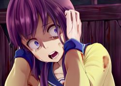 Rule 34 | 1girl, absurdres, blood, blood stain, blue eyes, constricted pupils, corpse party, highres, holding head, long hair, low twintails, open mouth, purple hair, scared, school uniform, screaming, shaded face, shinozaki ayumi, shirowa, shirt, solo, tears, twintails
