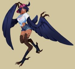 Rule 34 | 1girl, ahoge, artist name, backwards hat, bandage on face, bandages, baseball cap, bird legs, bird tail, black feathers, black hair, black socks, bra, brown background, claws, commentary, dark-skinned female, dark skin, denim, denim shorts, english commentary, feathered wings, feathers, harpy, hat, highres, midriff, monster girl, one eye closed, original, pink bra, pink eyes, pink hat, see-through, shirt, short hair, short shorts, short sleeves, shorts, simple background, socks, solo, symbol-only commentary, tail, talons, tied shirt, toeless legwear, tongue, tongue out, underwear, white shirt, winged arms, wings, zambiie