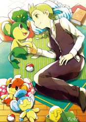 Rule 34 | 1boy, black legwear, black pants, black vest, blouse, book, bow, bowtie, character doll, cilan (pokemon), closed mouth, commentary request, creatures (company), eye contact, game freak, gen 5 pokemon, graphite (medium), green eyes, green hair, hand on own thigh, head on pillow, holding hands, kurochiroko, long sleeves, looking at another, lying, nintendo, on side, pansage, pants, pillow, poke ball, poke ball (basic), pokemon, pokemon (creature), pokemon bw, shirt, smile, socks, traditional bowtie, traditional media, vest, white shirt