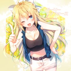Rule 34 | 1girl, ;d, ahoge, bare arms, bare shoulders, belt, black shirt, blonde hair, blue eyes, blue vest, blush, breasts, cleavage, collarbone, cowboy shot, crop top, eagle (girly air force), girly air force, hair ribbon, half updo, hand on own hip, index finger raised, long hair, looking at viewer, medium breasts, midriff, miniskirt, navel, one eye closed, open mouth, pencil skirt, ribbon, shirt, sidelocks, skirt, sleeveless, sleeveless shirt, smile, solo, standing, stomach, toosaka asagi, v-shaped eyebrows, very long hair, vest, white ribbon, white skirt, wing collar