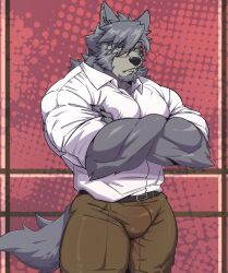 Rule 34 | 1boy, animal ears, bara, belt, black belt, brown pants, bulge, claws, commentary, crossed arms, dog boy, dog ears, dog tail, english commentary, feet out of frame, furry, furry male, glasses, highres, looking at viewer, male focus, matcha ryu, mitsuhisa aotsuki, morenatsu, muscular, muscular male, pants, pectorals, shirt, tail, white shirt
