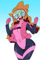 Rule 34 | 1girl, absurdres, blue background, blue eyes, chicken-rib, diving mask, diving suit, gloves, goggles, gradient background, highres, looking at viewer, medium hair, nintendo, open mouth, orange hair, penny crygor, pink gloves, solo, warioware