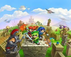 Rule 34 | 6+boys, absurdres, armor, ball and chain (weapon), belt, blue hair, blue headwear, blue sky, blue tunic, bow (weapon), brown footwear, cloud, day, fake horns, fireball, green hair, green headwear, green tunic, helmet, highres, holding, holding polearm, holding sword, holding weapon, horned helmet, horns, link, magic, monster, multiple boys, multiple persona, nintendo, octorok, official art, outdoors, pointy ears, polearm, red hair, red headwear, red tunic, short hair, skeleton, sky, spear, sword, the legend of zelda, the legend of zelda: tri force heroes, toon link, weapon