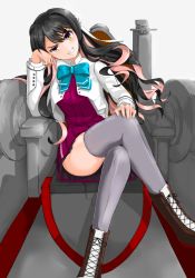 Rule 34 | 1girl, black hair, boots, chair, cross-laced footwear, crossed legs, esora neko, full body, grain, grey thighhighs, hairband, head tilt, highres, kantai collection, lace-up boots, long hair, looking at viewer, multicolored hair, naganami (kancolle), naganami kai ni (kancolle), parted lips, pink hair, sitting, solo, thighhighs, two-tone hair, wavy hair, white hairband