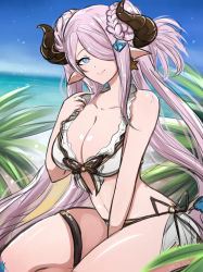 Rule 34 | absurdly long hair, adjusting hair, arm support, artist name, beach, between legs, bikini, blue eyes, blue sky, bow, bow bikini, braid, breasts, bright pupils, cleavage, collarbone, commentary, day, draph, earrings, feet out of frame, frilled bikini, frills, front-tie bikini top, front-tie top, granblue fantasy, hair ornament, hair over one eye, hand between legs, hand up, highres, holding, holding hair, horns, jewelry, large breasts, light purple hair, long hair, looking at viewer, low-tied long hair, narmaya (granblue fantasy), narmaya (summer) (granblue fantasy), navel, ocean, omiza somi, one eye covered, outdoors, pointy ears, sand, seiza, shiny skin, side-tie bikini bottom, sidelocks, signature, single earring, sitting, sky, smile, solo, starfish earrings, striped bikini, striped clothes, swept bangs, swimsuit, thigh strap, twin braids, very long hair, white bikini