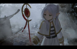 Rule 34 | 1girl, absurdres, belt, black belt, blurry, capelet, closed mouth, commentary, depth of field, dress, drop earrings, earrings, elf, fog, frieren, green eyes, grey hair, highres, holding, holding staff, jewelry, letterboxed, long hair, long sleeves, looking afar, mr-shin, outdoors, pointy ears, short eyebrows, solo, sousou no frieren, staff, standing, thick eyebrows, twintails, white capelet, white dress