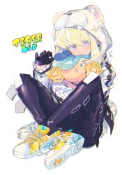 Rule 34 | 1boy, absurdres, animal hands, animal hood, belt, black gloves, black pants, blonde hair, blue hair, character doll, character name, claw pose, detached hood, earrings, english text, fake tail, galo thymos, gloves, half gloves, highres, hood, jewelry, knee pads, knees up, lio fotia, male focus, open mouth, pants, paw gloves, promare, purple eyes, shoes, short hair, sidelocks, simple background, sitting, sneakers, solo, tail, thigh belt, thigh strap, tiger hood, tiger tail, trap, triangle earrings, white background, yellow footwear, yzyz630