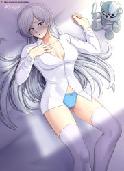 Rule 34 | 1girl, absurdres, artist name, bed, blue eyes, blue panties, blush, breasts, cleavage, collarbone, half-closed eyes, highres, long hair, looking at viewer, lying, medium breasts, midriff peek, on back, panties, parted lips, rwby, scar, shirt, solo, stuffed animal, stuffed toy, teddy bear, thighhighs, unbuttoned, underwear, vilde loh hocen, watermark, web address, weiss schnee, white hair, white shirt, white thighhighs