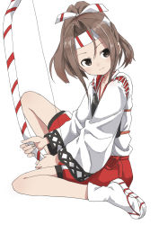 Rule 34 | 10s, 1girl, bow (weapon), brown eyes, brown hair, closed mouth, collarbone, fingernails, from side, geta, headband, highres, holding, holding weapon, kantai collection, long sleeves, looking at viewer, looking to the side, muneate, ponytail, red skirt, sandals, short hair, skirt, smile, socks, tabi, weapon, white legwear, wide sleeves, yamamoto souichirou, zuihou (kancolle)