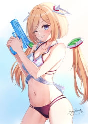Rule 34 | 1girl, aki rosenthal, aki rosenthal (hololive summer 2019), bare arms, bare shoulders, bikini, blonde hair, blue eyes, blush, bob cut, breasts, collarbone, commentary request, cowboy shot, detached hair, gradient background, grey background, grin, gun, headgear, highres, holding, hololive, long hair, looking at viewer, multi-strapped bikini, navel, one eye closed, signature, simple background, skyrail, smile, solo, swimsuit, twintails, virtual youtuber, water gun, weapon