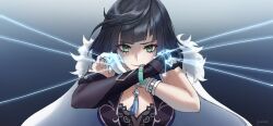 Rule 34 | 1girl, asymmetrical gloves, black gloves, black hair, bob cut, bracelet, breasts, cape, closed mouth, commentary, diagonal bangs, dice, english commentary, fur trim, genshin impact, gloves, gradient background, green eyes, grey background, highres, jewelry, large breasts, looking at viewer, mole, mole on breast, short hair, signature, solo, string, tassel, upper body, vuuins, white cape, white gloves, yelan (genshin impact)