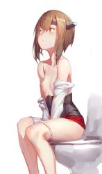 Rule 34 | 10s, 1girl, blush, bob cut, breasts, brown eyes, brown hair, cancer (zjcconan), hair between eyes, headgear, kantai collection, nipples, panties, panty pull, short hair, simple background, sitting, small breasts, small nipples, solo, taihou (kancolle), toilet, toilet seat, toilet use, topless, underwear, white background