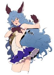 Rule 34 | 1girl, animal ears, arm up, armpits, ass, backless dress, backless outfit, bare back, bare shoulders, blue hair, blue skirt, blush, breasts, brown gloves, dress, erune, ferry (granblue fantasy), frilled gloves, frills, gloves, granblue fantasy, highres, jikatarou, long hair, looking at viewer, medium breasts, open mouth, presenting armpit, rabbit ears, short dress, sideboob, simple background, skirt, solo, steaming body, sweat, thighs, wavy hair, white background, white dress, yellow eyes