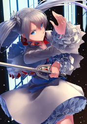 Rule 34 | 1girl, blue eyes, dress, holding, holding sword, holding weapon, long hair, ponytail, rapier, rwby, scar, scar across eye, scar on face, solo, sword, touboku, weapon, weiss schnee, white hair
